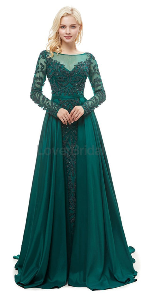 Emerald Green Long Sleeves Heavily Beaded Evening Prom Dresses, Evening Party Prom Dresses, 12051