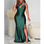 Emerald Green Mermaid One Shoulder High Slit Cheap Long Bridesmaid Dresses,WG1152