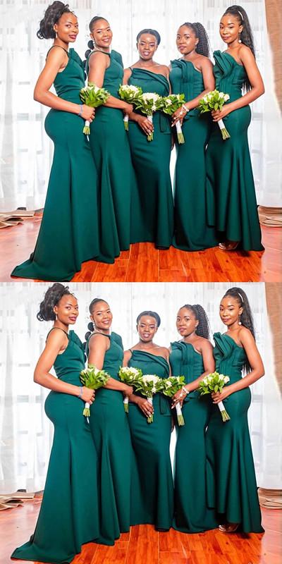 Emerald Green Mermaid One Shoulder Spaghetti Straps Long Bridesmaid Dresses Online,WG999