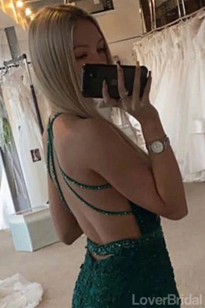 Emerald Green Mermaid Spaghetti Straps V-neck Cheap Long Prom Dresses,12671