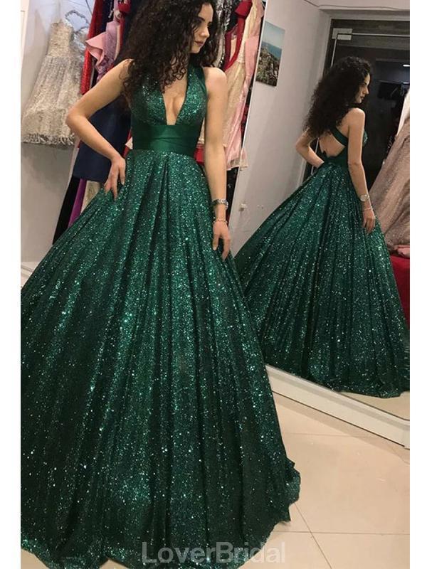 Emerald Green V Neck Sparkly Ball Gown Cheap Evening Prom Dresses, Evening Party Prom Dresses, 12156