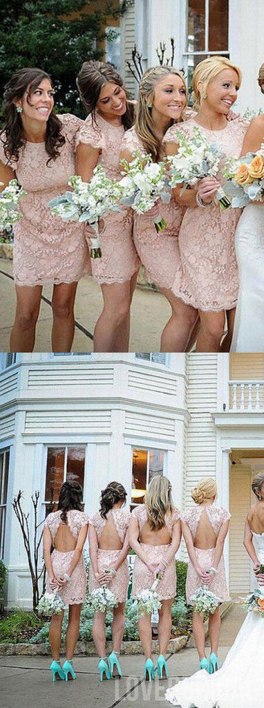 Fashion Cap Sleeve Open Back Small Round Neck Short Lace Blush Pink Mini Cheap Bridesmaid Dresses, WG116