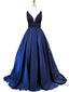 Fashion V Neck Backless Navy A line Beaded Long Custom Evening Prom Dresses, 17403