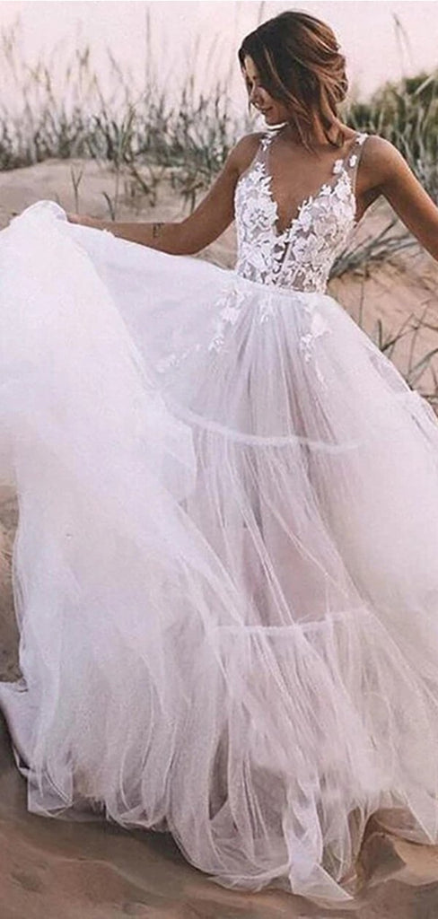 Floral A-line Straps V-neck Handmade Lace Wedding Dresses,WD773