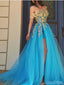 Floral Blue A-line Off Shoulder High Slit Cheap Long Prom Dresses Online,12613