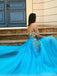 Floral Blue A-line Off Shoulder High Slit Cheap Long Prom Dresses Online,12613