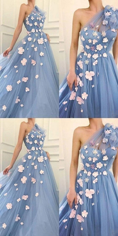 Floral Blue A-line One Shoulder Cheap Long Prom Dresses Online,12604