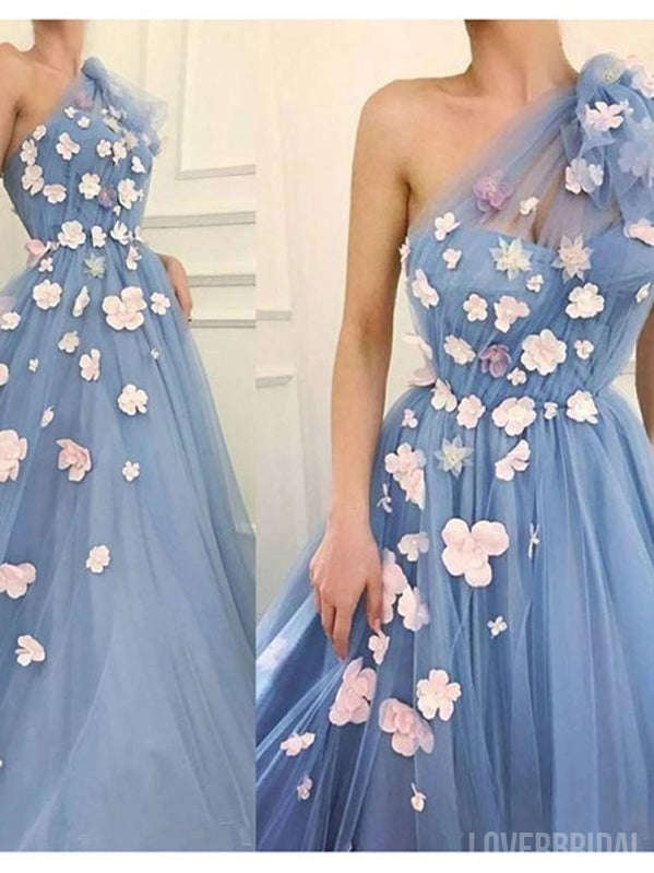 Floral Blue A-line One Shoulder Cheap Long Prom Dresses Online,12604