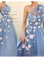 Floral Blue A-line One Shoulder Cheap Long Prom Dresses Online,12604