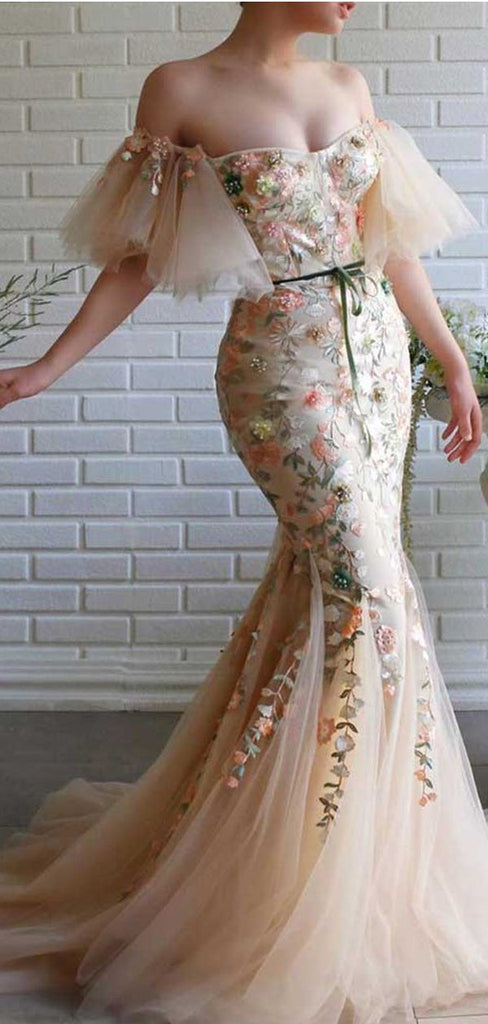 Floral Mermaid Off Shoulder Cheap Long Prom Dresses Online,Dance Dresses,12408