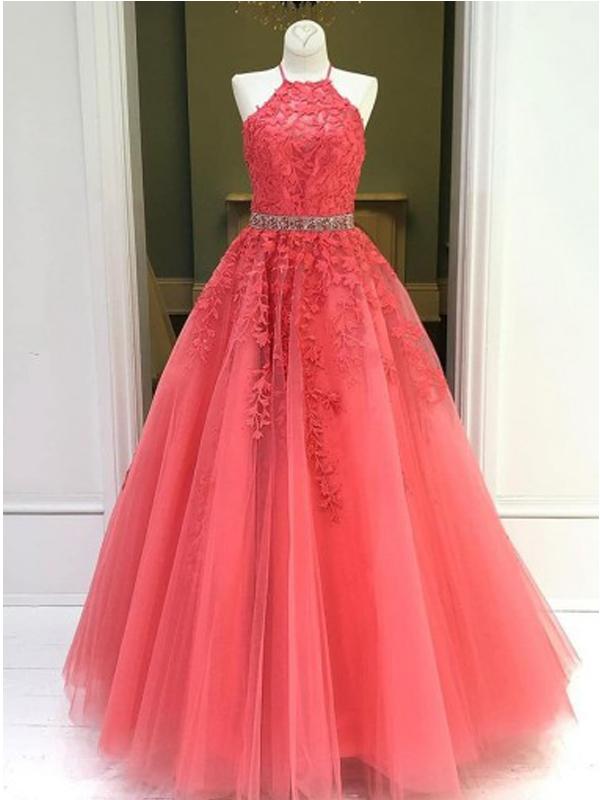 Floral Pink A-line Halter Sleevelesss Long Prom Dresses Online, Dance Dresses,12399