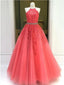 Floral Watermelon Red A-line Halter Sleevelesss Long Prom Dresses Online, Dance Dresses,12399