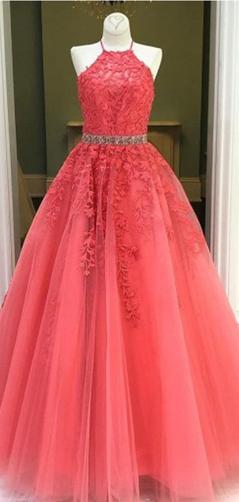 Floral Pink A-line Halter Sleevelesss Long Prom Dresses Online, Dance Dresses,12399