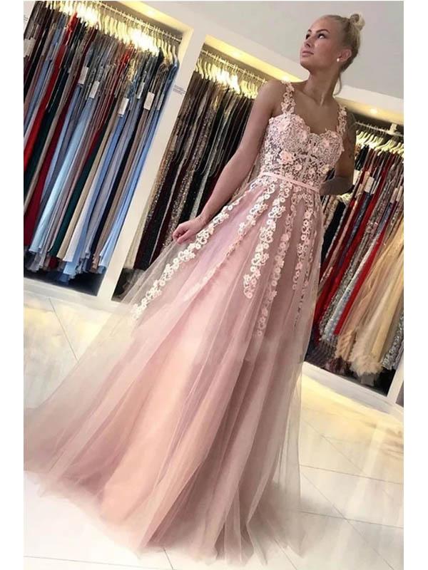 Floral Pink A-line See Through Cheap Long Prom Dresses Online,12508