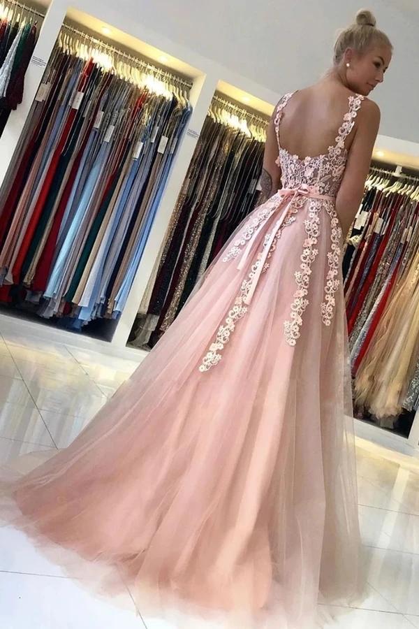 Floral Pink A-line See Through Cheap Long Prom Dresses Online,12508