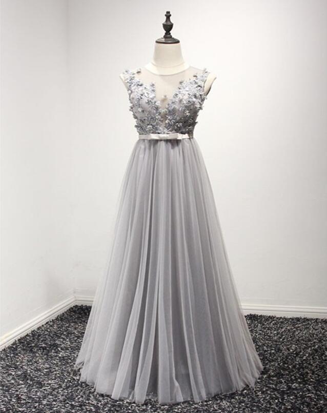 Formal Fashion Gray Lace Beaded Tulle Evening Prom Dresses, Cheap Party Prom Dresses, Custom Long Prom Dresses, Cheap Formal Prom Dresses, 17144