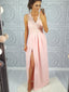 Formal Pink V Neck Lace Side Slit Long Evening Prom Dresses, 17673