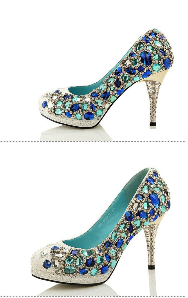 Four Colors Handmade Rhinestone High Heels Pointed Toe Crystal Wedding Shoes, S028