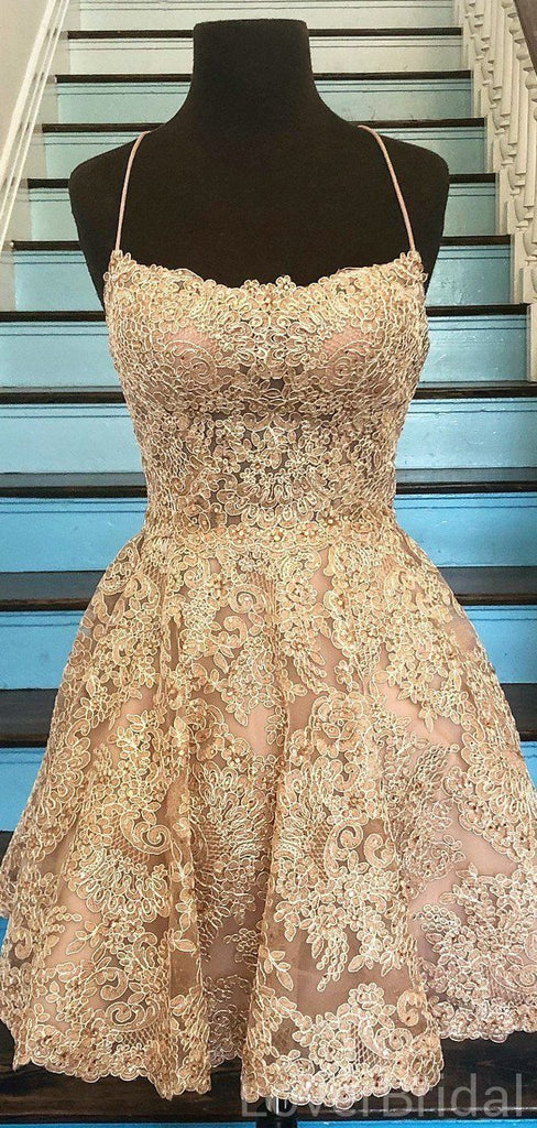 Gold Lace Cross Back Short Homecoming Dresses Online, Cheap Short Prom Dresses, CM840