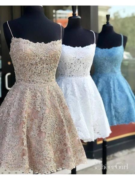 Gold Lace Cross Back Short Homecoming Dresses Online, Cheap Short Prom Dresses, CM840