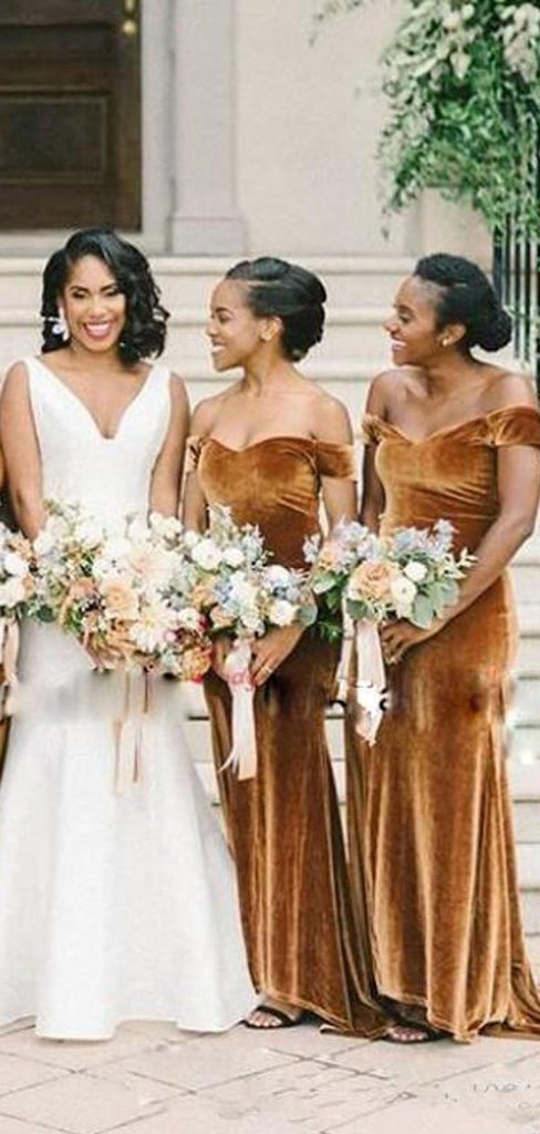 Gold Mermaid Off Shoulder High Slit Cheap Long Bridesmaid Dresses Online, WG968