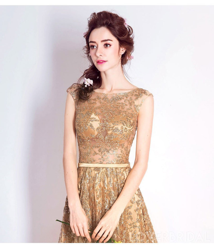 Gold Sequin Lace See Through Cheap Long Evening Prom Dresses, Cheap Custom Sweet 16 Dresses, 18528
