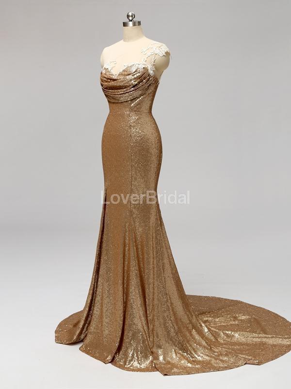 Gold Sequin One Shoulder Mermaid Long Cheap Bridesmaid Dresses Online, WG596