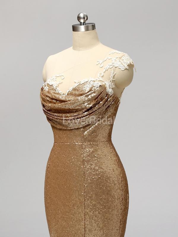 Gold Sequin One Shoulder Mermaid Long Cheap Bridesmaid Dresses Online, WG596