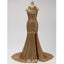 Gold Sequin See Through Halter Mermaid Long Cheap Bridesmaid Dresses Online, WG598