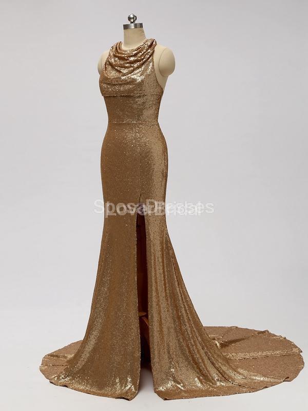 Gold Sequin See Through Halter Mermaid Long Cheap Bridesmaid Dresses Online, WG598