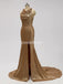 Gold Sequin See Through Halter Mermaid Long Cheap Bridesmaid Dresses Online, WG598