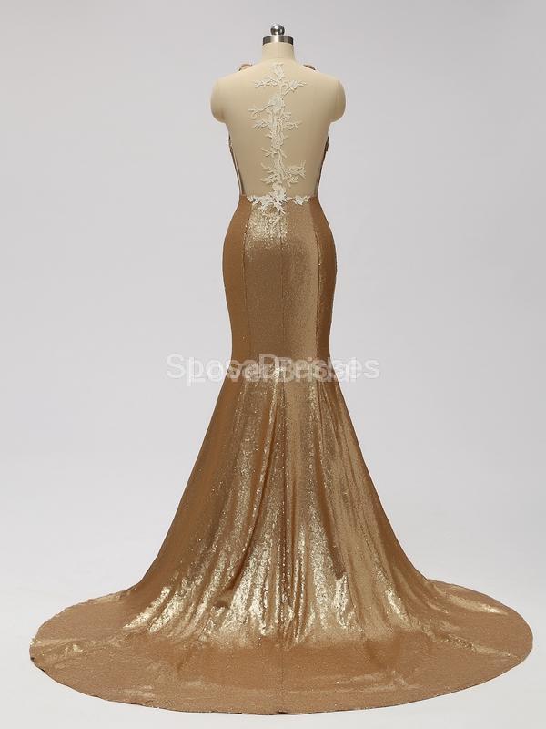 Gold Sequin See Through Halter Mermaid Long Cheap Bridesmaid Dresses Online, WG598