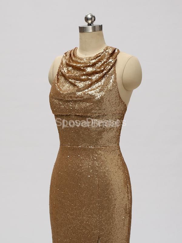 Gold Sequin See Through Halter Mermaid Long Cheap Bridesmaid Dresses Online, WG598