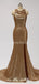 Gold Sequin See Through Halter Mermaid Long Cheap Bridesmaid Dresses Online, WG598
