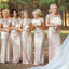 Gold Sequin Short Sleeve Mermaid Long Bridesmaid Dresses, BD001