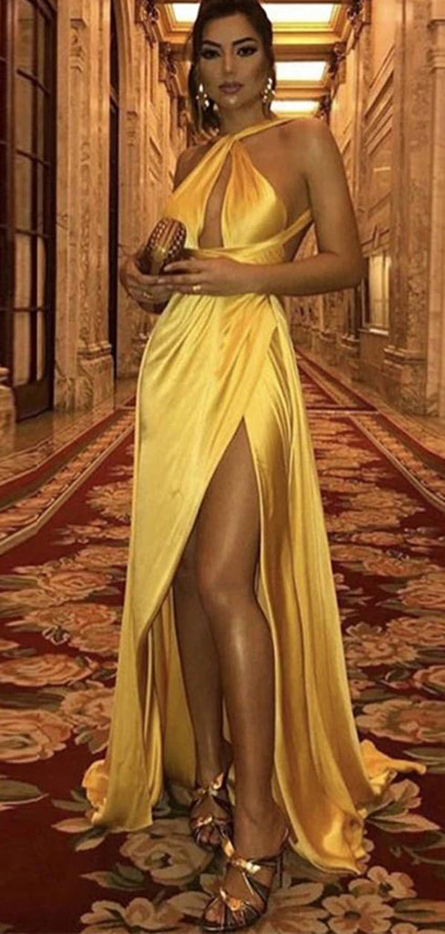 Gold Sheath Halter High Slit Cheap Long Prom Dresses Online,12733