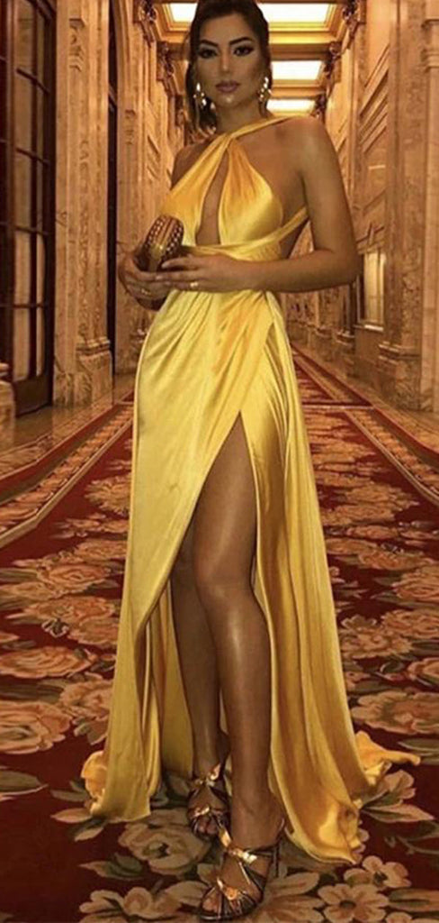 Gold Sheath Halter High Slit Cheap Long Prom Dresses Online,12733