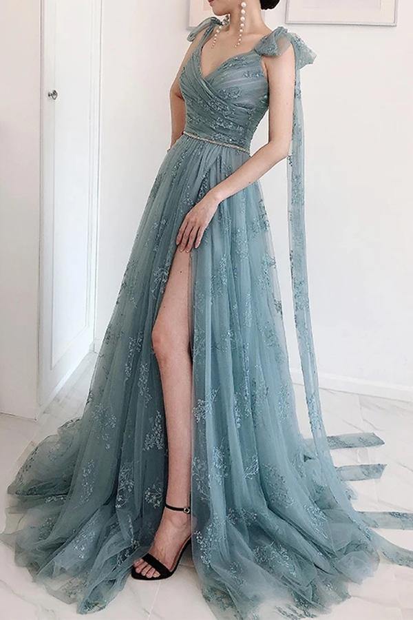 Gorgeous A-line High Slit V-neck Long Prom Dresses Online,Evening Party Dresses,12514