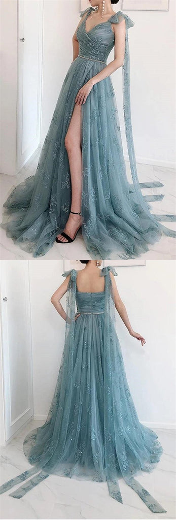 Gorgeous A-line High Slit V-neck Long Prom Dresses Online,Evening Party Dresses,12514