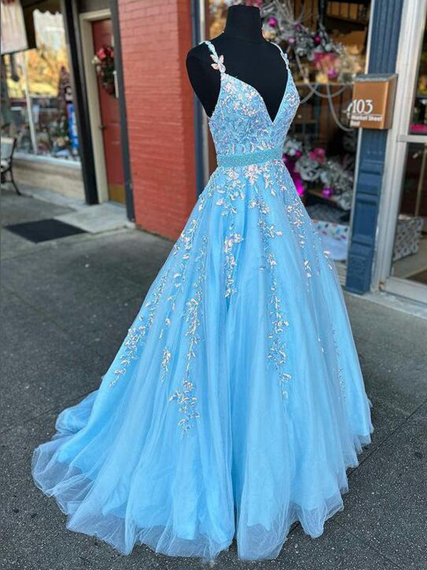 Gorgeous Blue A-line Spaghetti Straps V-neck Maxi Long Prom Dresses,12984