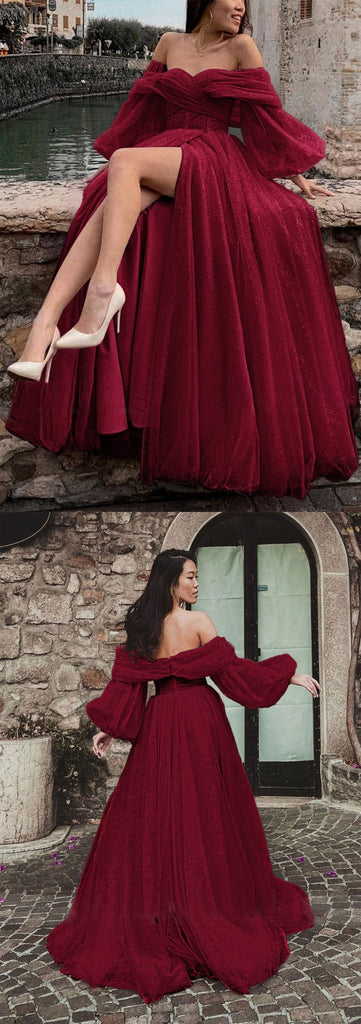 Gorgeous Burgundy A-line High Slit Cheap Maxi Long Prom Dresses,13066