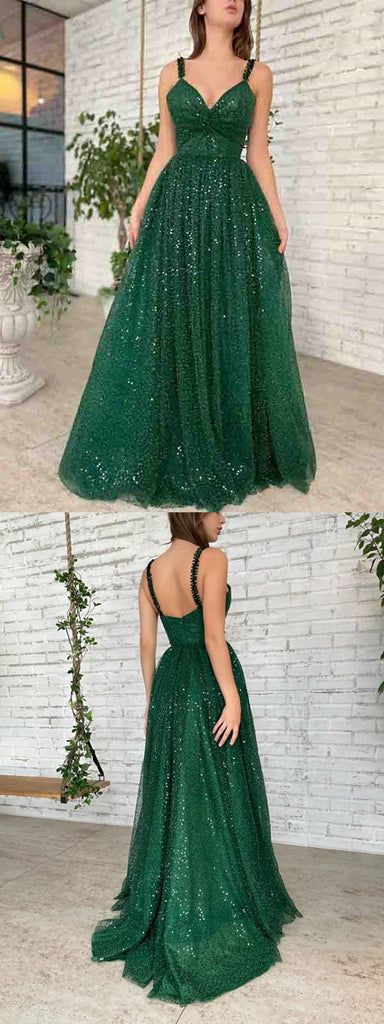 Gorgeous Green A-line V-neck Cheap Long Prom Dresses Online,12886