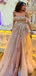 Gorgeous Pink A-line Off Shoulder Side Slit Maxi Long Prom Dresses,13056