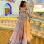 Gorgeous Pink A-line Off Shoulder Side Slit Maxi Long Prom Dresses,13056