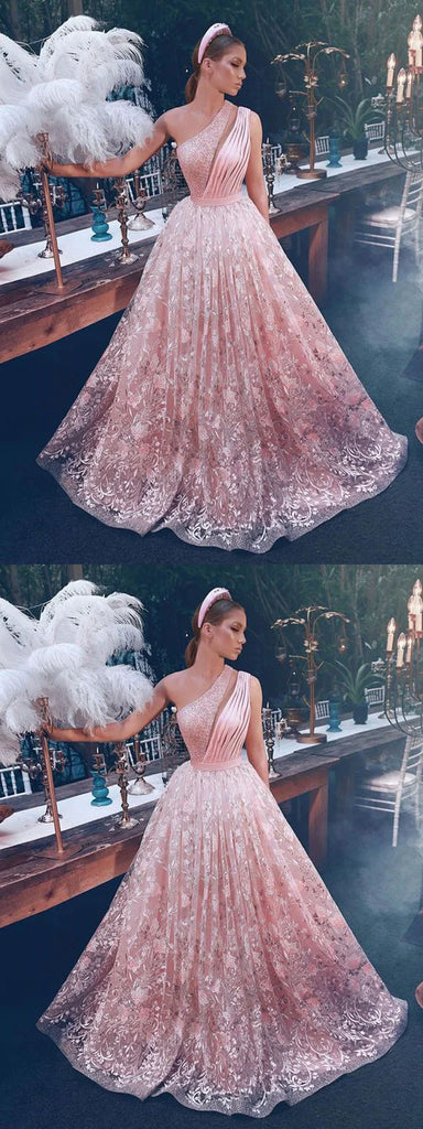 Gorgeous Pink A-line One Shoulder Maxi Long Prom Dresses,Evening Dresses,12997