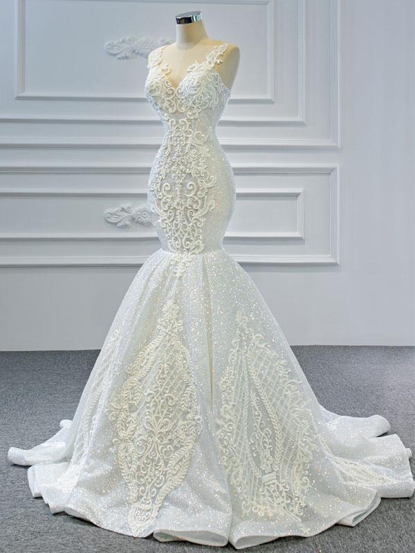 Gorgeous V Neck Lace Mermaid Wedding Dresses, Cheap Wedding Gown, WD720