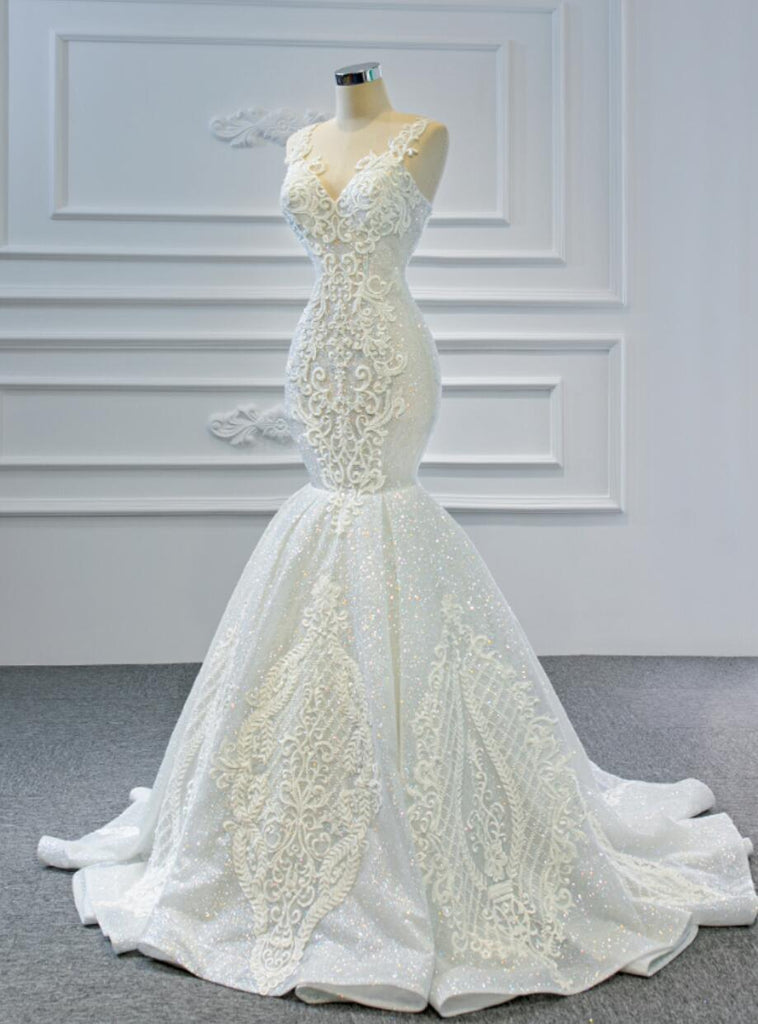 Gorgeous V Neck Lace Mermaid Wedding Dresses, Cheap Wedding Gown, WD720