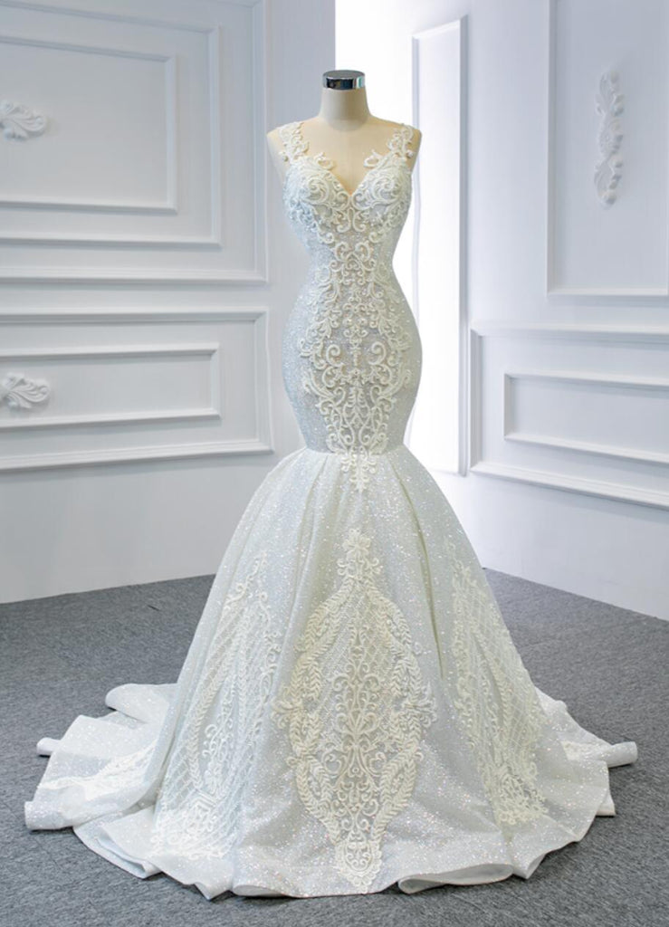 Gorgeous V Neck Lace Mermaid Wedding Dresses, Cheap Wedding Gown, WD720