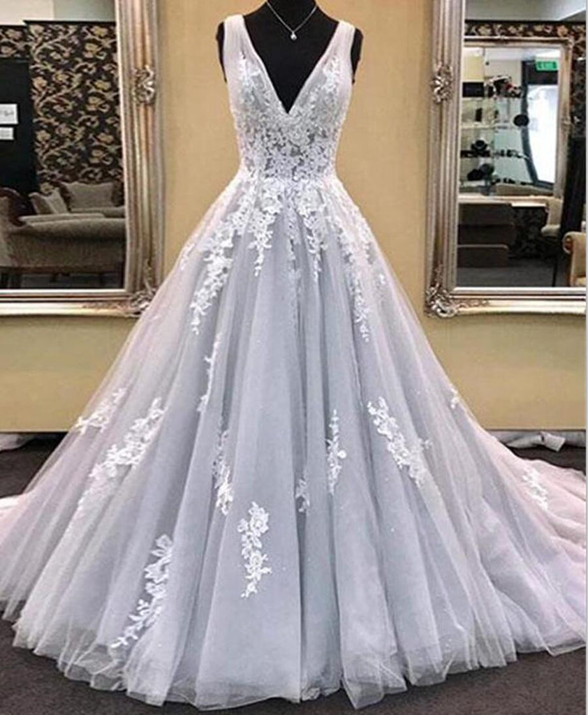 Gray Deep V Neckline Lace A line Long Evening Prom Dresses, Popular Cheap Long Custom Party Prom Dresses, 17332