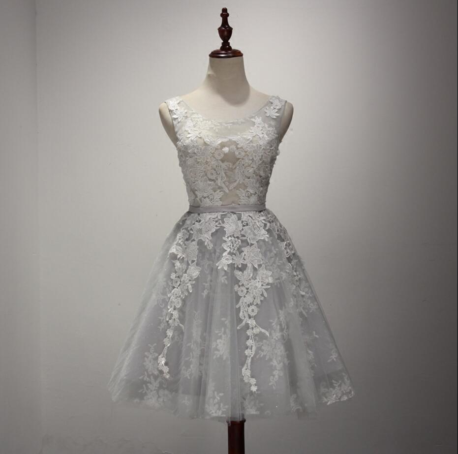 Gray Lace See Through Homecoming Prom Dresses, Affordable Corset Back Short Party Prom Dresses, Perfect Homecoming Dresses, CM236